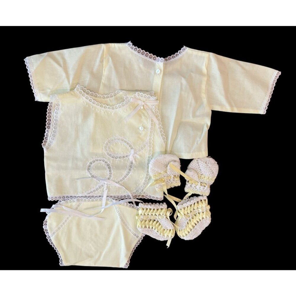 Handmade Newborn Baby Girl Boy Yellow Take Me Home Shirt Top Booties Mitten Gift